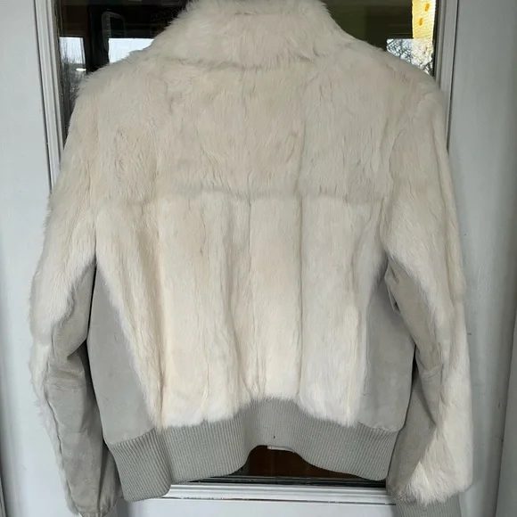 Mixit Vintage sz L cream/ taupe Y2K Real Rabbit Fur & Leather Bomber Jacket - Picture 15 of 15